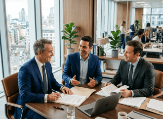 Three men in business suits sitting around a table discussing documents