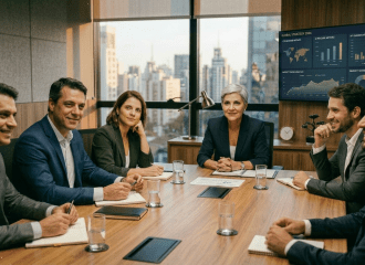 Business team in a meeting discussing 2024 strategy and goals