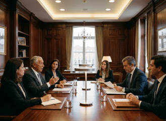 Group of six business professionals having a meeting around a conference table in an elegant office